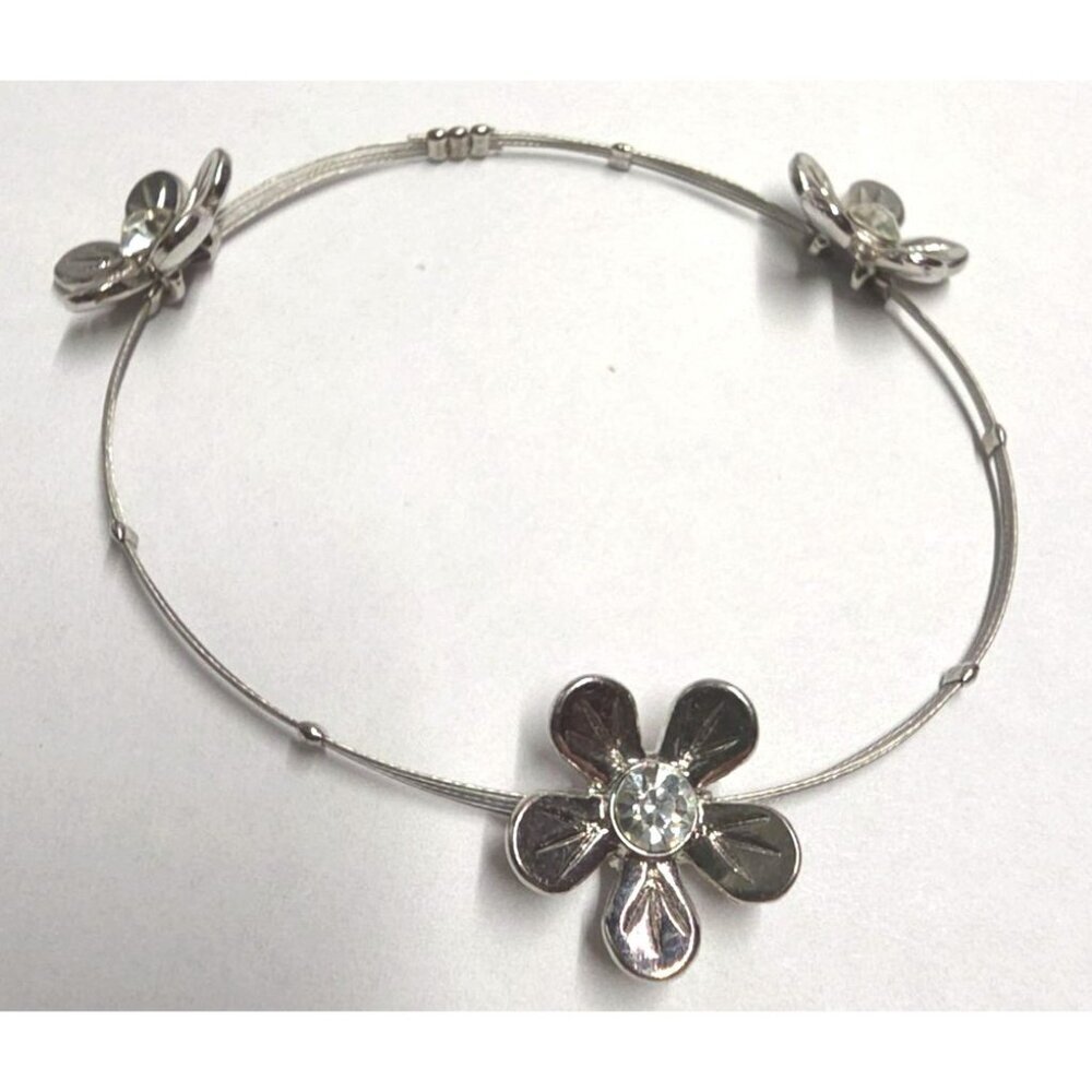 Vintage Silver Tone 3 Flower Bracelet Clear Rhinestones Delicate Floral Wire‎